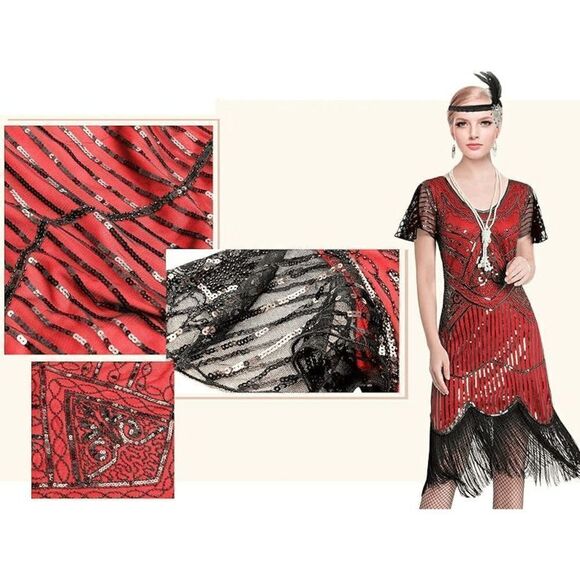 ❤️✨ Flapper Great Gatsby 1920s Retro Tassel Fringe Sequin Midi Red Dress M NEW - Picture 5 of 13